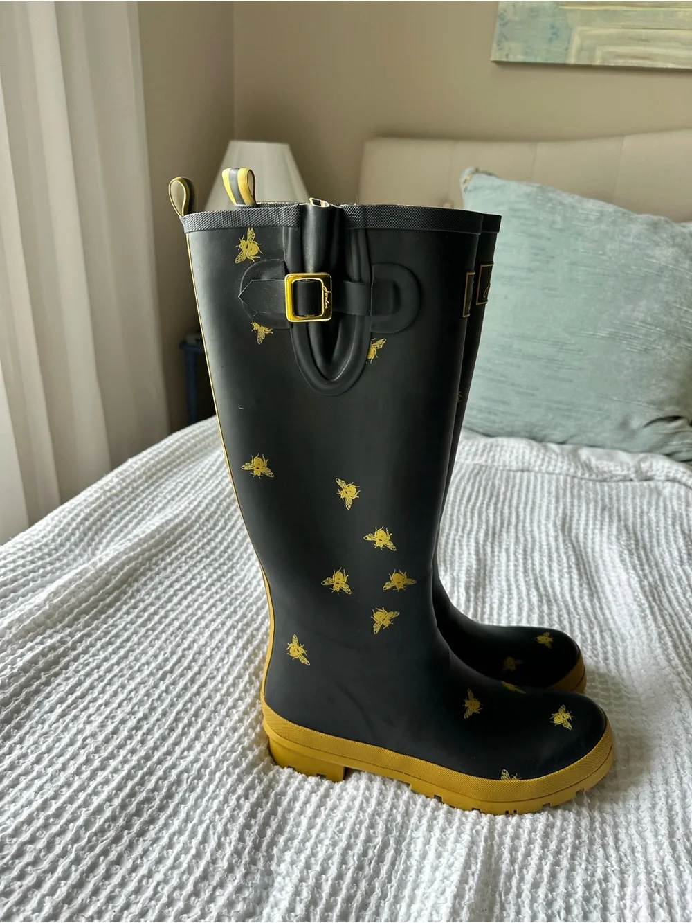 Joules Field Welly Womens Rain Boot Black Gold Bee Print Tall Rubber US 10 EU 42